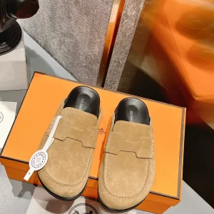 AAA High Quality Hermes Slippers Red Sheepskin Suede Summer