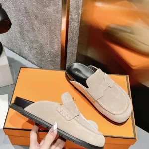 Designer High Quality Hermes Slippers Red Sheepskin Suede Summer