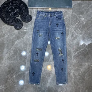 Luxury Super Clone Chrome Hearts Pants Blue Cotton Denim Embroidery Patch