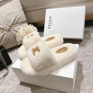 Super Clone Celine Slippers Red Wool Sheepskin Spring Summer