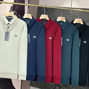 Reps AAA Fred Perry Shirts Red Fleece Simple And Elegant Autumn Winter Neckline Stitching Slim Fit Clean Cut