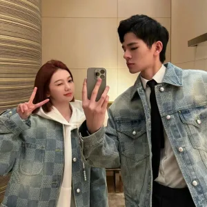 Designer Luxury Louis Vuitton Jacket Red Twill Jacquard Fabric Denim Pattern Drawstring Adjustment