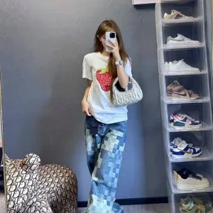 Designer Louis Vuitton Jeans Red Cotton Twill Jacquard Lace Denim Pattern Hand-Sewn Buttons