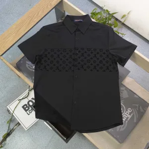 AAA Louis Vuitton Short-Sleeved Shirt Ash Cotton Pure Jacquard Patch