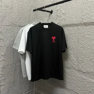 Designer Ami Short-Sleeved T-Shirt Red Cotton Spring Summer Embroidery