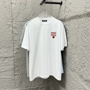 High Quality Luxury Miu Short-Sleeved T-Shirt Red Cotton Spring Summer Embroidery