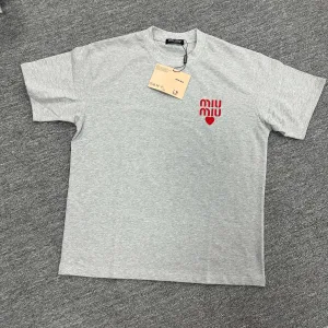 High Quality Miu Short-Sleeved T-Shirt Red Cotton Spring Summer Embroidery