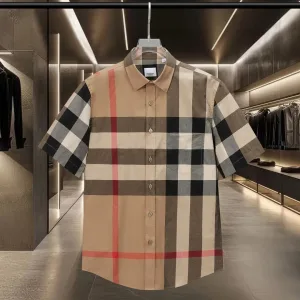 Super Clone AAA Burberry Short-Sleeved Shirt Red Cotton Poplin Delicate And Soft To The Touch