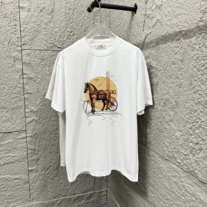 Designer Super Clone Hermes Short-Sleeved T-Shirt Red Cotton Spring Summer