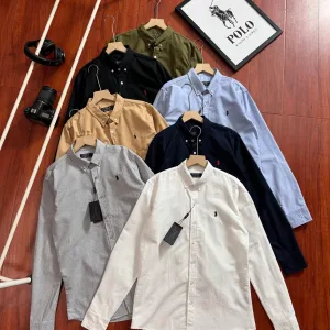 Luxury Designer Ralph Lauren Long-Sleeved Shirt Blue Cotton Pure Oxford Cloth Sophistication Embroidery 3D