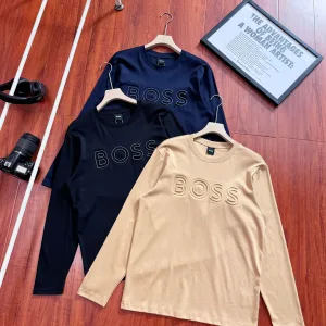 High Quality Boss Long-Sleeved T-Shirt Red Cotton Pure Simple And Versatile Autumn Winter Embroidery Heavy