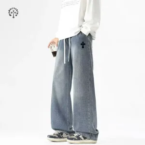 Super Clone Chrome Hearts Jeans Yellow Denim Distressed Retro Blue