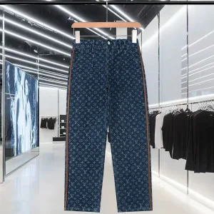 Super Clone Luxury Louis Vuitton Pants Ash Jacquard Denim Winter Leather Patch