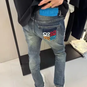 Reps Loewe Jeans Red Genuine Leather Denim Autumn Winter Patch