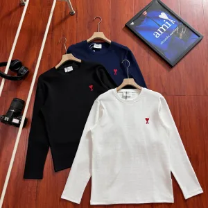 Luxury Ami Long-Sleeved T-Shirt Red Soft And Elastic High Cost Performance Simple Design Autumn Winter Embroidery