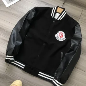 Reps Designer Moncler Jacket Black Wool Blend Pu Leather Embroidery