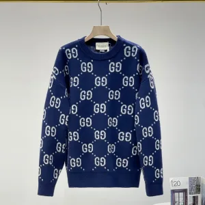 Luxury Gucci Sweater Blue Cashmere Jacquard Simple And Elegant Youthful Energy Pattern Slim Fit