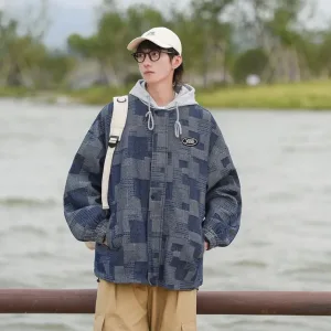 Super Clone Vans Coat Red Denim Relaxed Fit Winter Patch