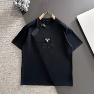 High Quality AAA Prada Short Sleeves Black Cotton Pure Spring Autumn Embroidery