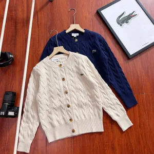 AAA Lacoste Long-Sleeved Shirts Red Cotton Pure Wool Down Cable Knit Spring Autumn Winter Embroidery