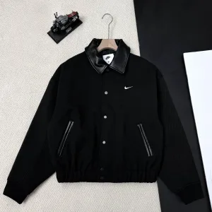 Luxury Reps Nike Coat Red Wool Blend Leather Patchwork Twill Retro Preppy Style Patch