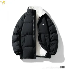 High Quality Luxury Adidas Cotton-Padded Coat Red Cotton Wool Lambswool Cashmere Autumn Winter Windproof Cuffs