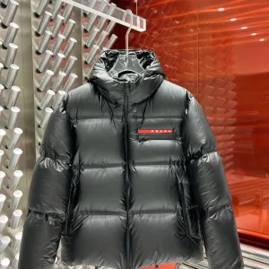AAA Super Clone Prada Outerwear Red Goose Down Nylon Microfiber Fabric Soft Touch Side Stripes