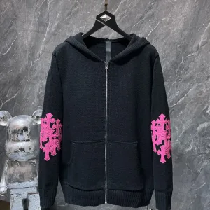 Super Clone Reps Chrome Hearts Sweater Red Wool Blend Leather Patchwork Autumn Winter Patch