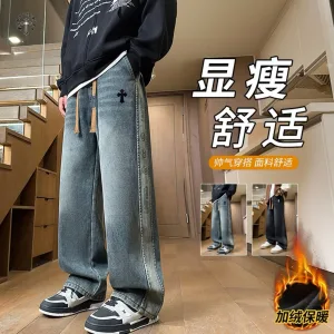 Designer Luxury Chrome Hearts Jeans Blue Fleece Denim Thick Retro Patch