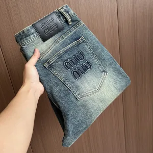 Luxury AAA Miu Jeans Ash Denim High-End Quality Autumn Winter Embroidery