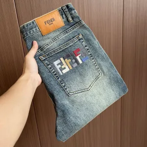 Reps Designer Fendi Jeans Ash Denim High-End Quality Autumn Winter Embroidery