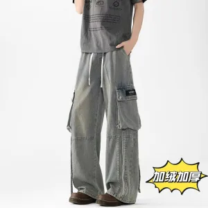 High Quality Vans Trousers Blue Fleece Adjustable Drawstring Retro Wash Winter 3D Pocket