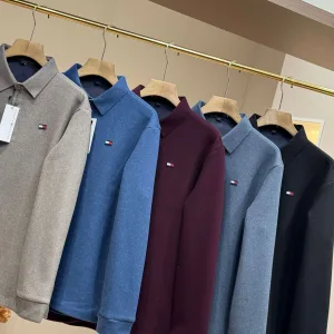 Super Clone Designer Tommy Hilfiger Long-Sleeved Shirts Red Cotton Mercerized Wool Down Fleece Simple And Elegant Autumn Winter Slim Fit