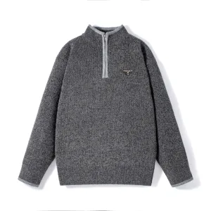 Luxury Designer Prada Sweater Red Wool Blend Genuine Leather Autumn Winter And
