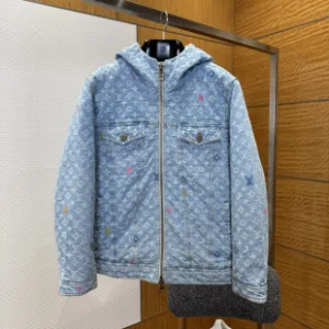 AAA Reps Louis Vuitton Down Jacket Red Cotton Pure Duck Jacquard Denim Enzyme Washing