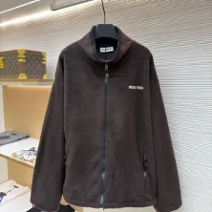 Luxury Miu Jacket Red Fleece Fabric Embroidery