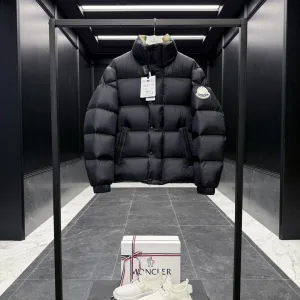 Luxury Moncler Outerwear Red Down Nylon Chenil Lace Fabric Patch Glossy Finish Zippered Pocket
