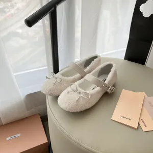 Luxury Designer Miu Ballet Shoes Ash Cashmere Genuine Leather Sheepskin Autumn Winter