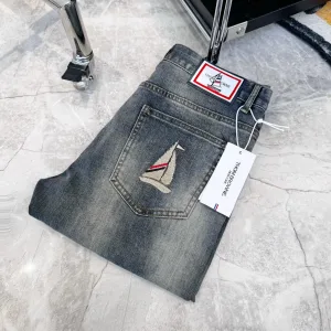 High Quality Thom Browne Jeans Blue Cotton Denim Suitable For All Seasons Winter Embroidery Leather Patch