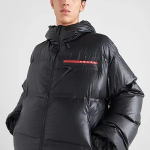 Luxury Designer Prada Outerwear Red Goose Down Nylon Microfiber Fabric Soft Touch Winter Side Stripes