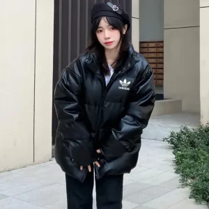 Reps Luxury Adidas Cotton-Padded Coat Red Cotton Combed Down Pu Leather Winter Side Pockets