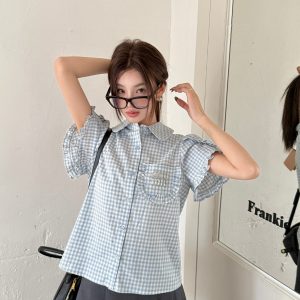 Luxury Aaa Miu Miu Plaid Short Sleeves