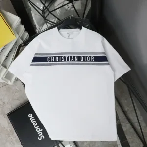 AAA Dior Short-Sleeved T-Shirt Blue Cotton Combed Ribbed Fabric