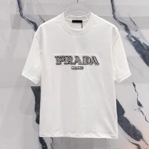 AAA Prada Short Sleeves Red Cotton Pure Spring Summer Embroidery