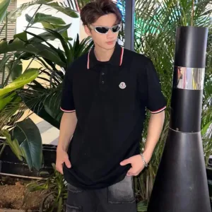Luxury Super Clone Moncler Short-Sleeved Shirts Black Cotton Silk Piqu