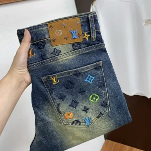 AAA Louis Vuitton Jeans Red Genuine Leather Denim Autumn Winter Patch