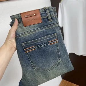 High Quality Zegna Jeans Red Genuine Leather Denim High-End Quality Autumn Winter Patch