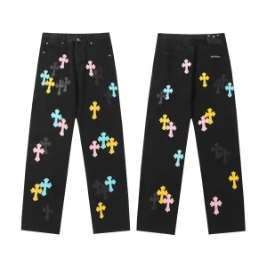Luxury Chrome Hearts Jeans Ash Genuine Leather Even Stitching Embroidery Patch