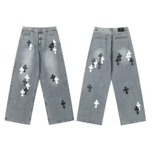 Super Clone Chrome Hearts Jeans Ash Genuine Leather Even Stitching Patch