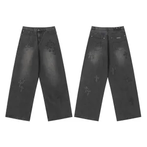 Luxury Chrome Hearts Jeans Ash Genuine Leather Even Stitching Patch